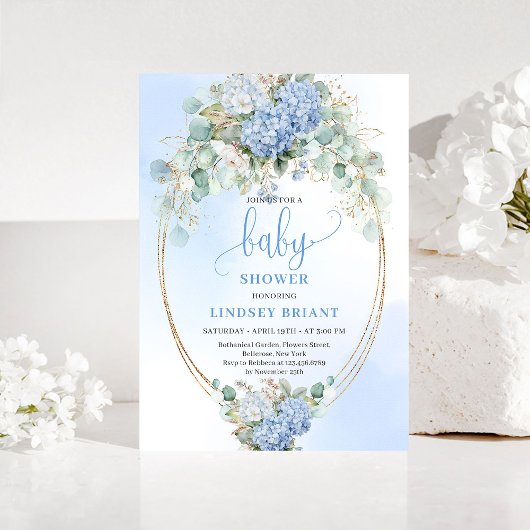 Botanische Blauwe Hortensia Eucalyptus Baby Shower Kaart