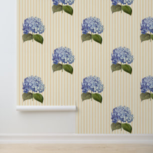 Botanische Blauwe Hydrangea Bloemstreep Behang