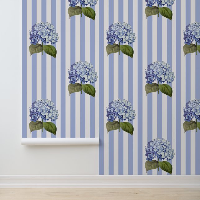  Botanische Blauwe Hydrangea Bloemstreep Behang (Applicatie)