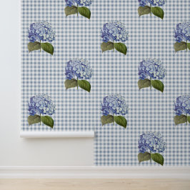 Botanische Blauwe Hydrangea Flower Gingham Behang
