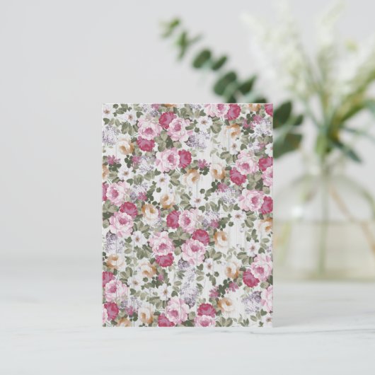 Botanische blauwe roze bloemen  wit hout briefkaart (Staand voorkant)