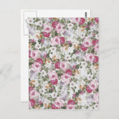 Botanische blauwe roze bloemen  wit hout briefkaart (Voorkant / Achterkant)