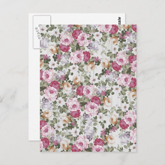 Botanische blauwe roze bloemen wit hout briefkaart (Voorkant / Achterkant)