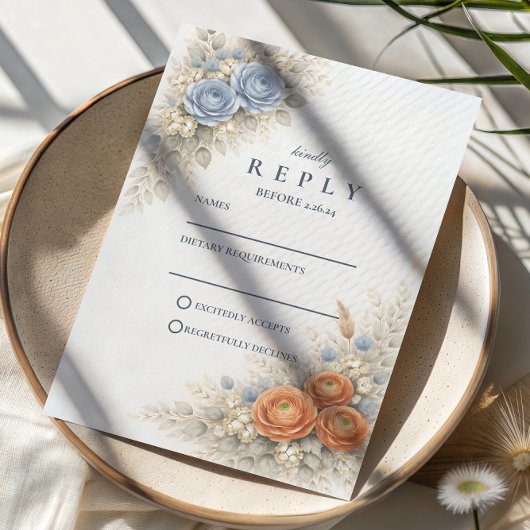 Botanische Blauwe Rozen Bruiloft RSVP Kaartje