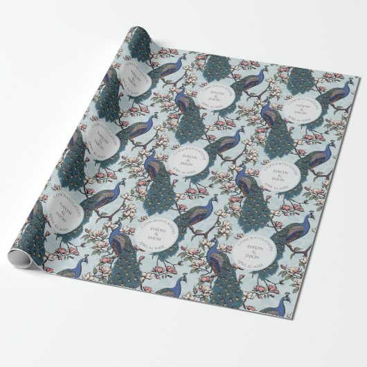 Botanische Blauwe Trouwduif & Bloemen Cadeaupapier (Uitgerold)