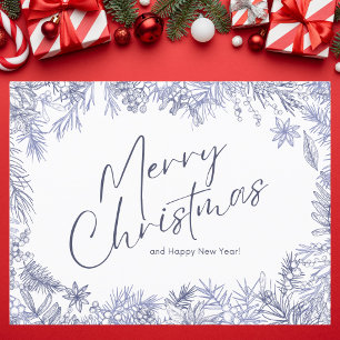 Botanische blauwe vrolijke kerstillustratie briefkaart