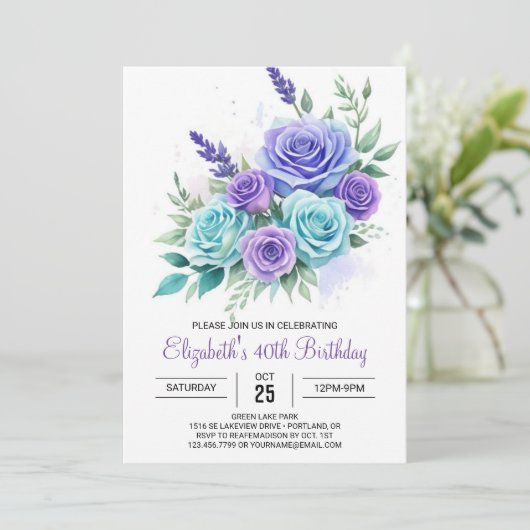 Botanische Blauwgroen Bloemen Verrassing 40e Verja Kaart (Staand voorkant)