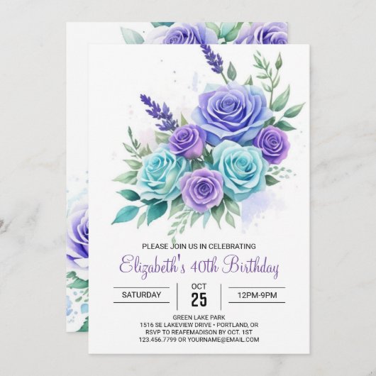 Botanische Blauwgroen Bloemen Verrassing 40e Verja Kaart (Voorkant / Achterkant)