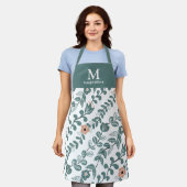 Botanische Blauwgroen bloempatroonnaam Monogram Schort (Gedragen)