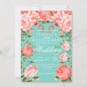 Botanische  Blauwgroen en koraal bloemenbruiloft Kaart (Voorkant)