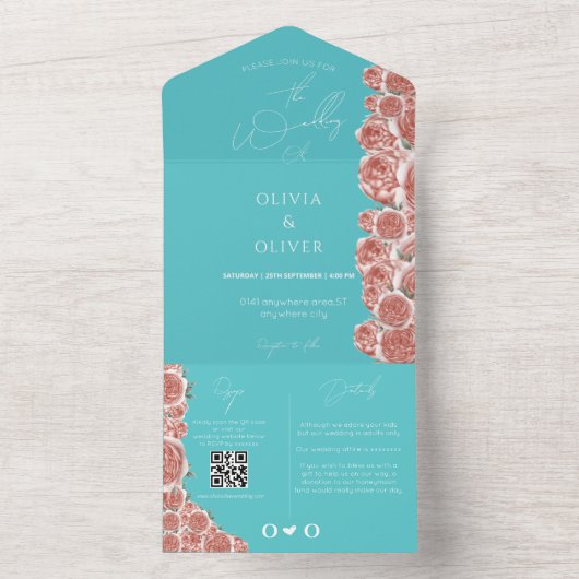 Botanische blauwgroen en koraal bruiloft all in one uitnodiging (Binnen)