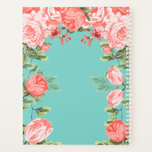 Botanische Blauwgroen en koraalbloemenbruiloft Planner (Achterkant)