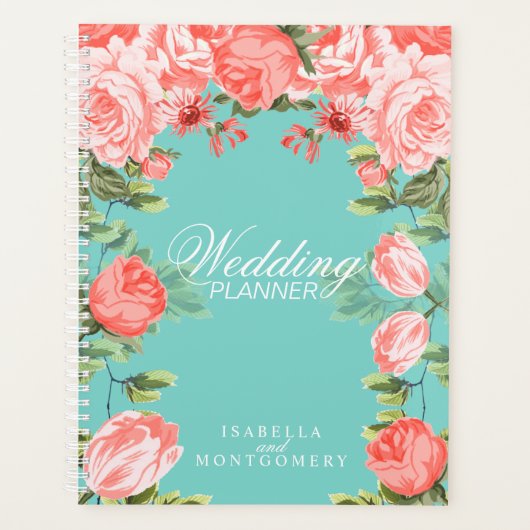 Botanische Blauwgroen en koraalbloemenbruiloft Planner (Voorkant)