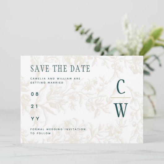 BOTANISCHE BLAUWGROEN GOLD Weddenschap Save The Date (Staand voorkant)