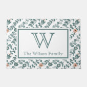 Botanische Blauwgroen naam Monogram Bloempatroon Deurmat (Voorkant)
