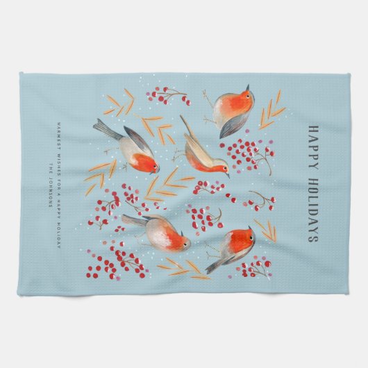 Botanische Blauwrode vogels Robin Kerstfeestdag Theedoek (Horizontaal)
