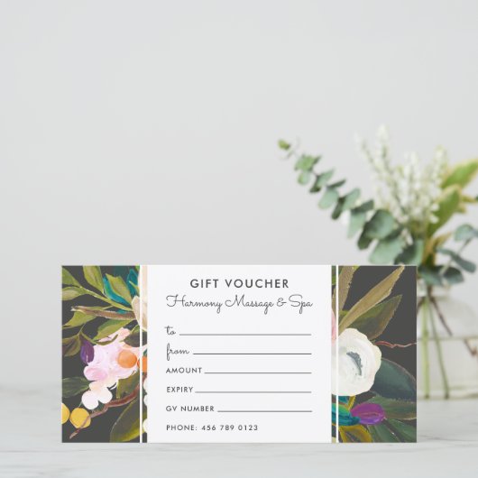 Botanische Bliss Floral Gift Voucher Kaart | Zwart (Staand voorkant)