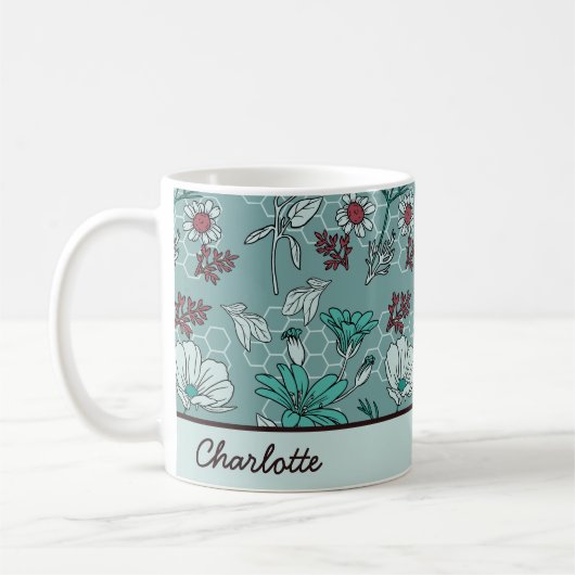 Botanische bloem gepersonaliseerde naam koffiemok (Links)