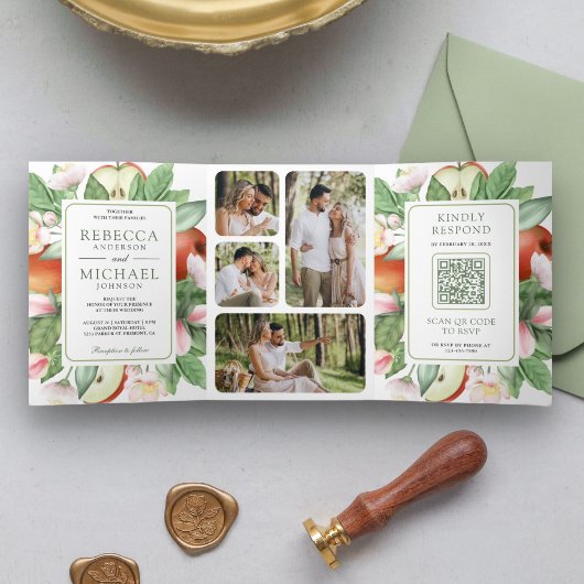 Botanische Bloem Rode Appelboomgaard QR Code Trouw Drieluik Uitnodiging