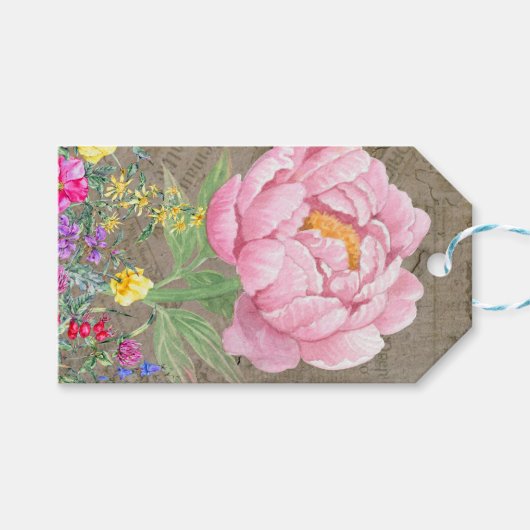 Botanische bloem, roze roos,  kranten cadeaulabel (Voorkant (Horizontaal))