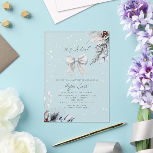 Botanische Bloemboog Winter Meisje Baby shower Acryl Uitnodigingen (Insitu (Huwelijk))