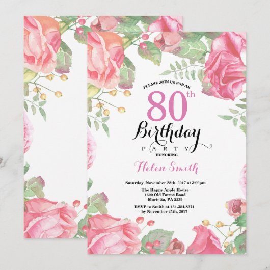 Botanische Bloemen 80ste verjaardag Uitnodiging (Voorkant / Achterkant)