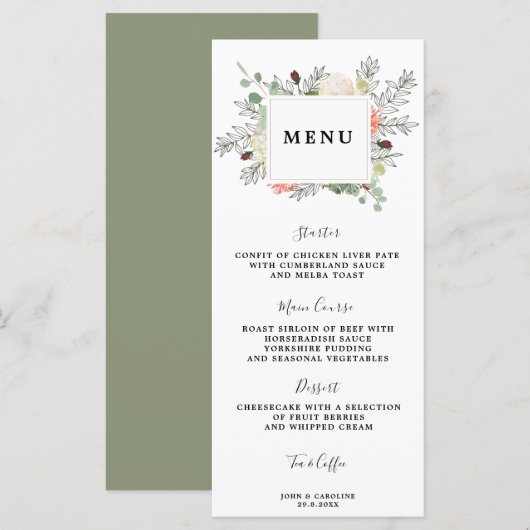 Botanische Bloemen Bruiloft Menukaarten Menu (Voorkant / Achterkant)