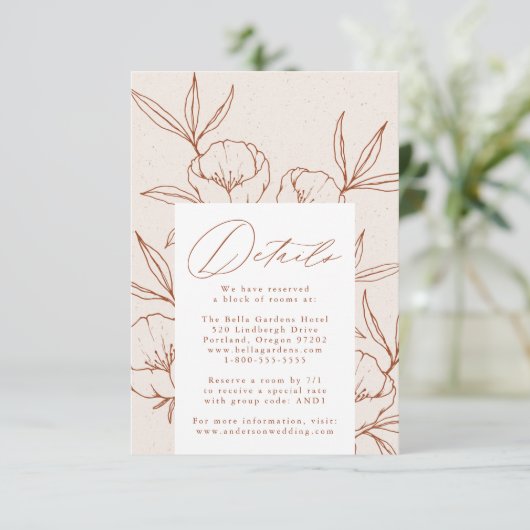 Botanische Bloemen Crème Kaneel Bruiloft Details Informatiekaartje (Staand voorkant)