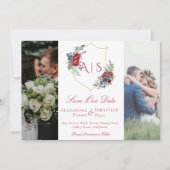 Botanische Bloemen Crest 3 Foto Collage Monogram Save The Date (Voorkant)