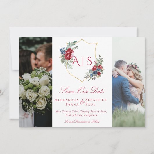 Botanische Bloemen Crest 3 Foto Collage Monogram Save The Date (Voorkant)