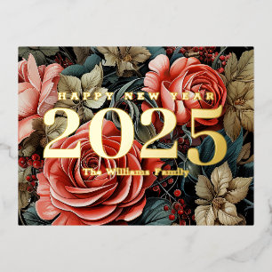  Botanische Bloemen Gelukkig Nieuwjaar 2025 Goud Folie Feestdagen Briefkaart