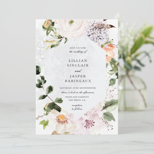 Botanische Bloemen Geometrische Kant Lijst Bruilof Kaart (Staand voorkant)