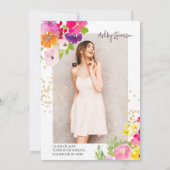 Botanische bloemen Gouden glitter foto afstuderen Aankondiging (Achterkant)