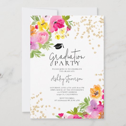 Botanische bloemen Gouden glitter foto afstuderen Kaart (Voorkant)