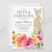 Botanische Bloemen Gouden Jurk 50ste Verjaardagsfe Kaart (Voorkant)