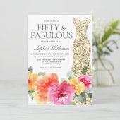 Botanische Bloemen Gouden Jurk 50ste Verjaardagsfe Kaart (Staand voorkant)