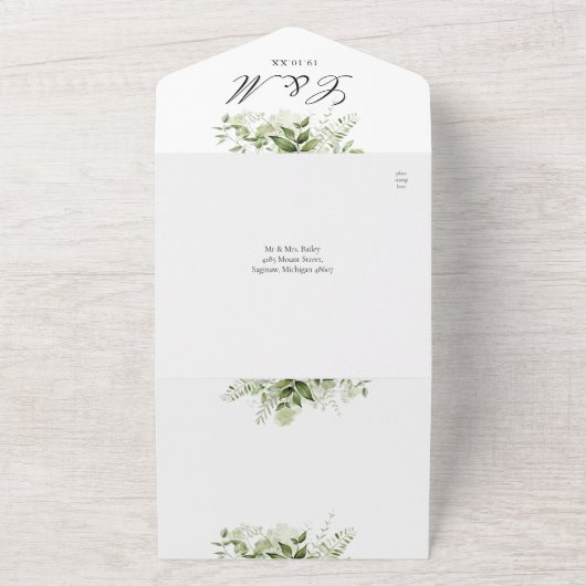 Botanische Bloemen Groen QR Code Bruiloft All In One Uitnodiging (Buitenkant)