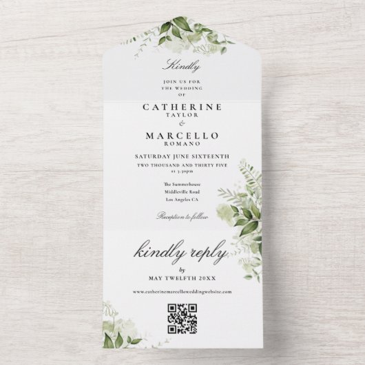 Botanische Bloemen Groen QR Code Bruiloft All In One Uitnodiging (Binnen)