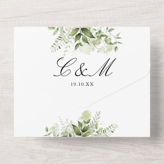 Botanische Bloemen Groen QR Code Bruiloft All In One Uitnodiging (Achterkant)