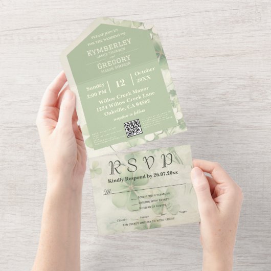 Botanische Bloemen Groene Chartreuse Ierse QR Code All In One Uitnodiging (Afscheurbaar)