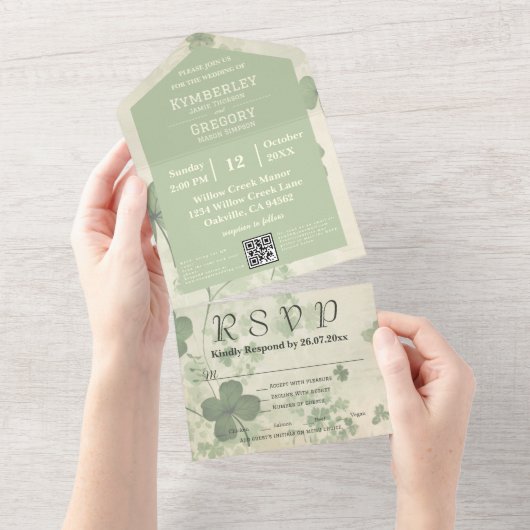 Botanische Bloemen Groene Chartreuse Ierse QR Code All In One Uitnodiging (Afscheurbaar)