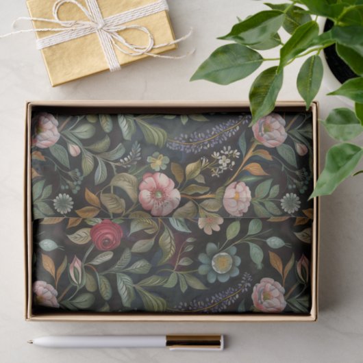 Botanische Bloemen Illustraties op Donkere Achterg Tissuepapier (Geschenk)