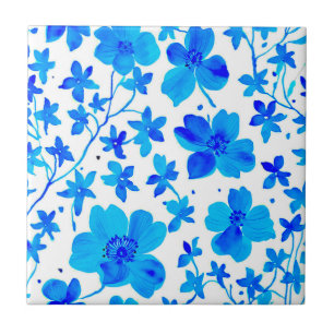 Botanische bloemen in diepblauw en wit tegeltje