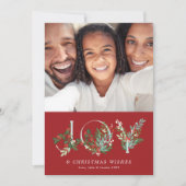 Botanische Bloemen Kerstvreugde Elegante Rode Foto Feestdagenkaart (Voorkant)