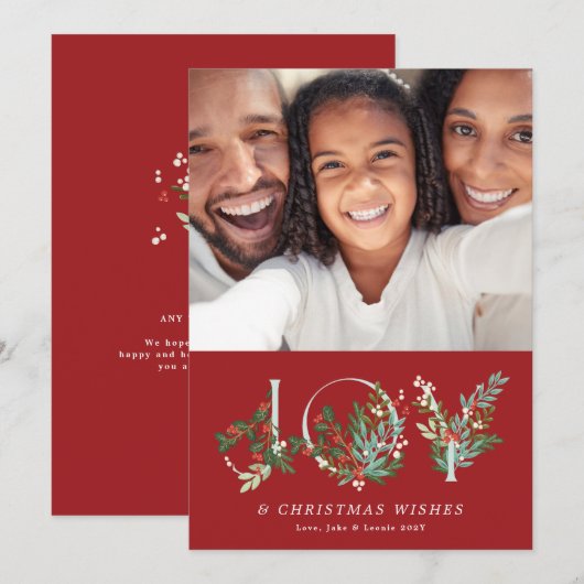 Botanische Bloemen Kerstvreugde Elegante Rode Foto Feestdagenkaart (Voorkant / Achterkant)