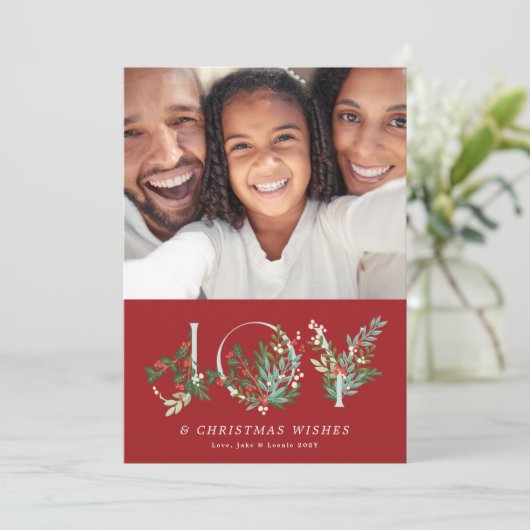 Botanische Bloemen Kerstvreugde Elegante Rode Foto Feestdagenkaart (Staand voorkant)