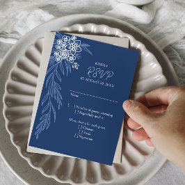 Botanische Bloemen Marine Dusty Blue Wedding RSVP Kaartje