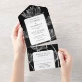 Botanische Bloemen Monogram Zwart-wit Bruiloft All In One Uitnodiging (Afscheurbaar)