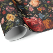 Botanische Bloemen Moody  Antiek Nederlands Zwart Cadeaupapier (Rol Hoek)