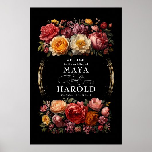 Botanische Bloemen Moody Black Wedding Welkom Poster (Voorkant)